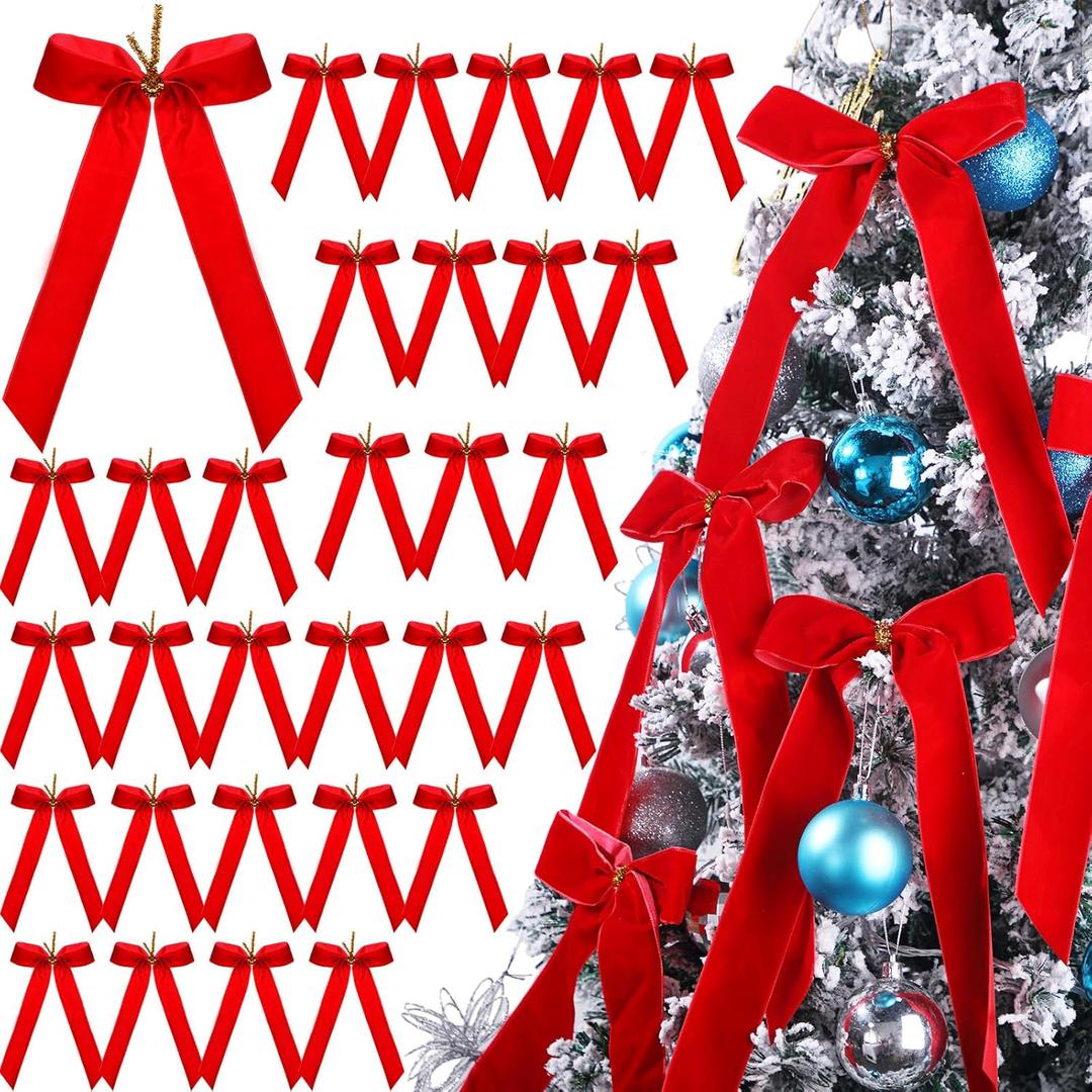 Riceshoot 30 Pcs Red Bow Valentines Decoration, 11 x 6.3 Inch Large Velvet Bows for Valentines Tree Gift Ribbon Garland Ornaments for Wreath Crafts Wedding Christmas Party
