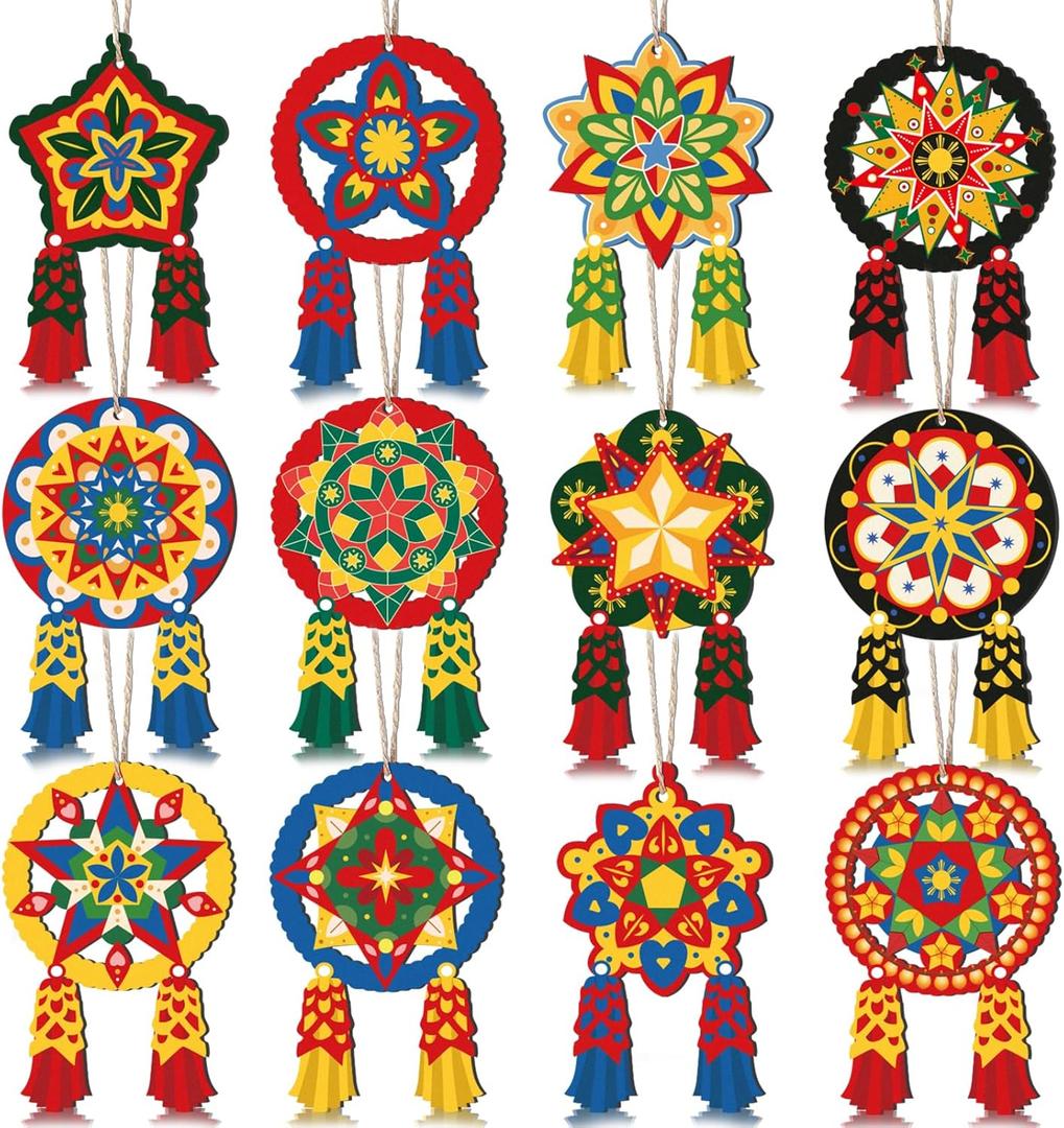 24Pcs Philippine Christmas Tree Ornaments,Traditional Capiz Star Parol Lantern Wooden Hanging Decor for Home Window Filipino Holiday Xmas Tree Decorations