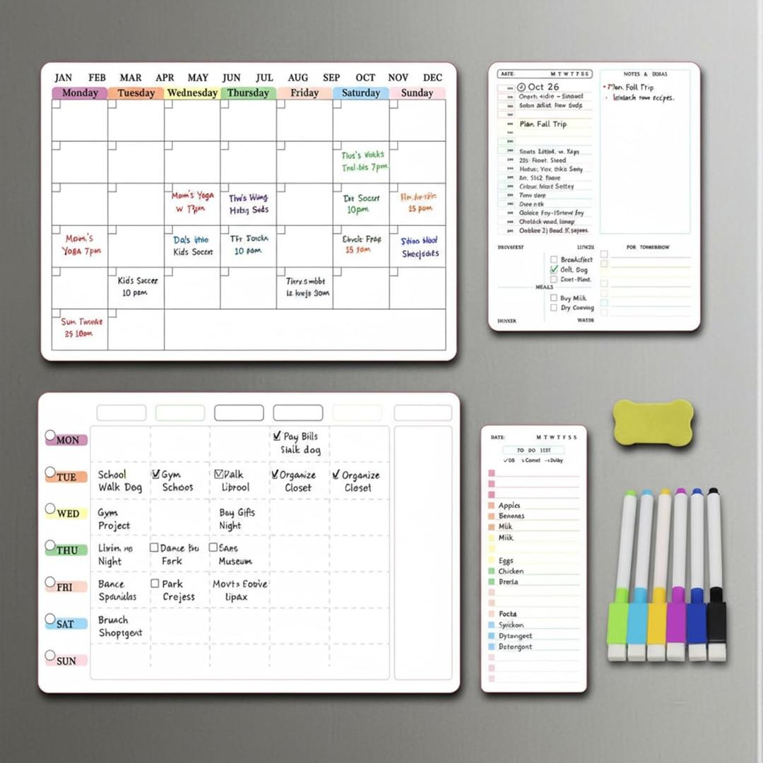 Magnetic Dry Erase Calendar Whiteboard Set (4-Pack) for Fridge,with Monthly and Weekly Views (16" x 11"),Daily Planners (10" x 8") and to Do List Whiteboard (10 x 4) 6 Markers & Eraser