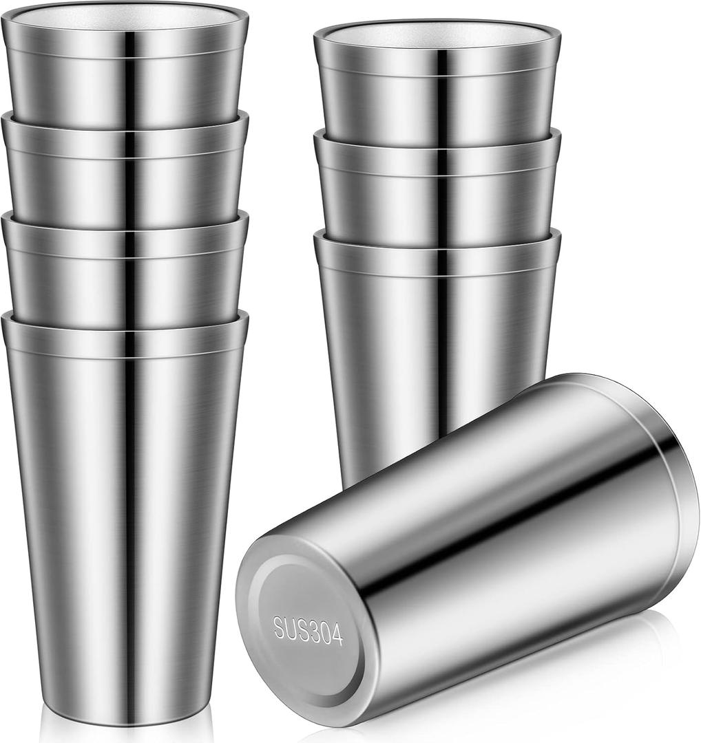 Zopeal Stainless Steel Cups 16 Oz, Double Wall Vacuum Pint Cup Tumbler, Stackable Metal Unbreakable Drinking Glasses for Home and Outdoor(Silver,8 Pcs)