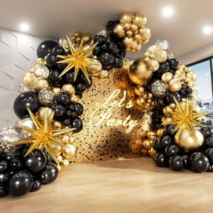 FOTIOMRG Black and Gold Balloons Garland Arch Kit, 5 10 12 18inch Black Gold Confetti Latex Balloons for 2025 Graduation New Year Anniversary Birthday Party Decorations