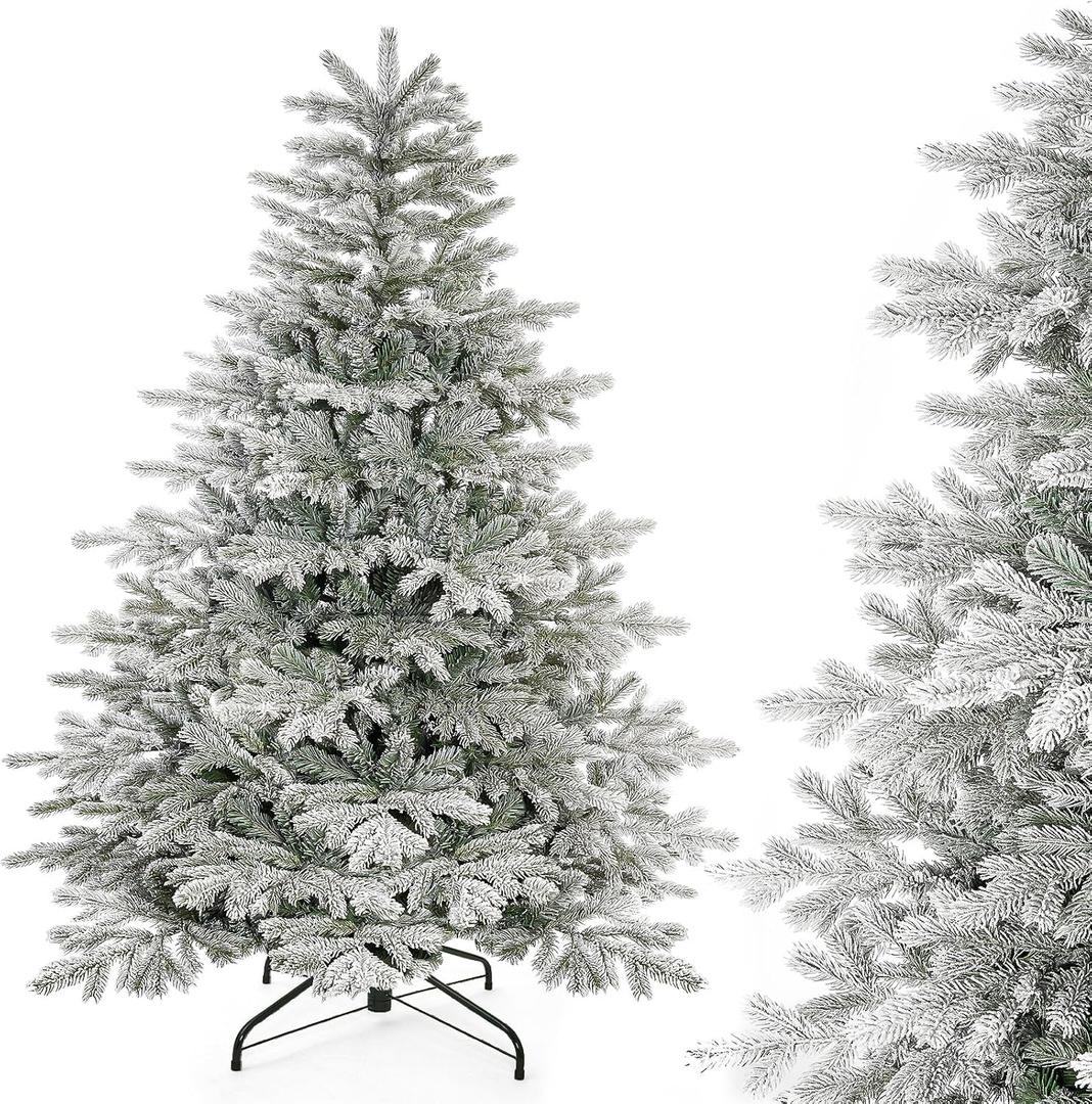 Decoway 7ft Artificial Christmas Tree, Unlit Snow Flocked Xmas Tree with 2364 Branch Tips and Sturdy Metal Stand for Indoor Outdoor Home Decoration