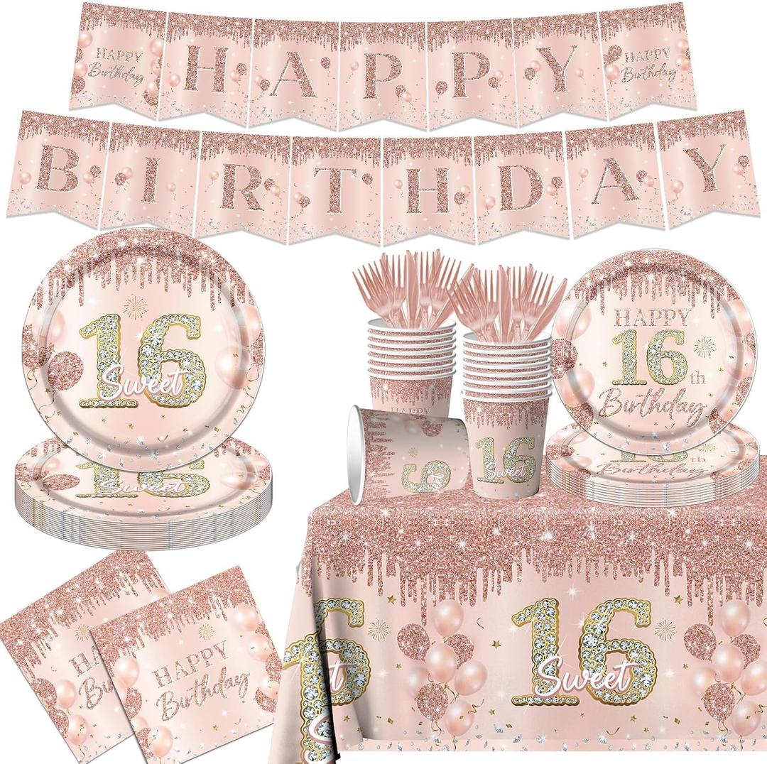 Sweet 16 Party Decorations Tableware,142pcs Rose Gold 16th Birthday Decorations for Girls Sweet 16 Plates and Napkins Tablecloth for Sweet Sixteen Decorations