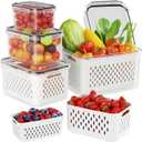 4 Pack Fruit Containers for Fridge with Removable Colanders,Stackable Refrigerator Organizer Bins Dishwasher & Microwave Safe Produce Containers Keep Fruits, Vegetables, Meat Fresh longer