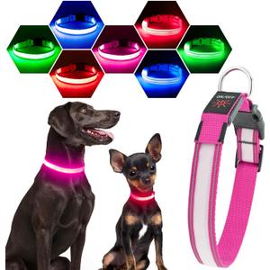 Visinite LED Dog Collar USB Rechargeable, Reflective Light Up Pet Collar for Night Walking, Adjustable Glow Collar for Small Medium Large Dogs (Pink, Medium)