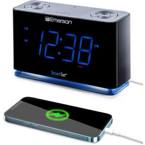 Emerson CKS1507 Smartset Radio Alarm Clock, 1.4" Blue LED Digital Display, USB Charging Port, Brightness Dimmer Controls, Bluetooth Connectivity, Set Alarm to Radio, Music, or Buzzer, Black