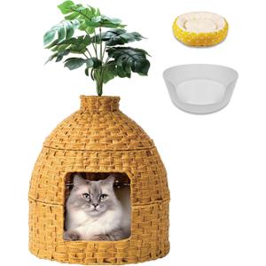 Cat Hidden Litter Box Enclosure Furniture with Cats Bed,Artificial Plants,Handwoven Rattan with Cat Litter Box and Real Stones,in Living Room, Bedroom, CornerNatural