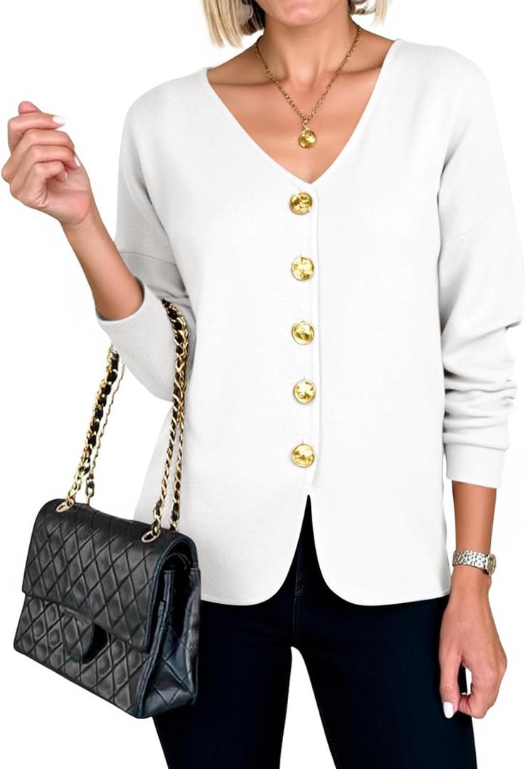 Cicy Bell Womens Button Up Cardigan Sweaters Blazer Trendy Lightweight V Neck Long Sleeve Sweater Tops (White, S)
