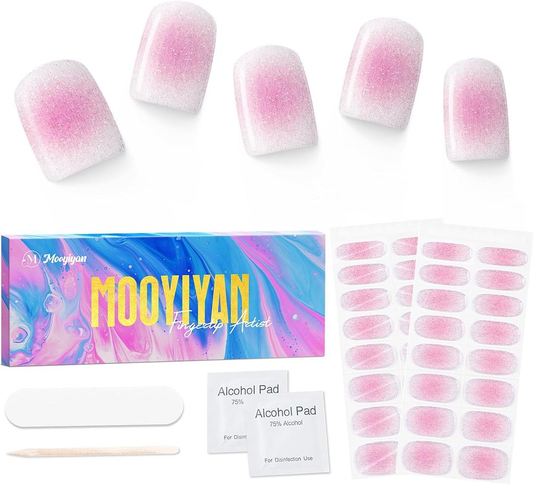 MOOYIYAN Semi Cured Gel Nail Stickers 32 PCS|Cat Eye/Frosted Gel Nail Strips|Compatible with Any UV/LED Lamps|Long-Lasting Real Nail Polish Strips for Women's Decoration (Blush Pink)