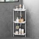 3 Tier Corner Shower Caddy Standing Floor Standing Corner Shower Caddy Organizer Shower Table Plastic Metal Splicing Shelf Storage Rack for Bathroom White- Rustproof