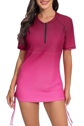 Halcurt Women's Short Sleeve Rash Guard Swim Shirt with Bra Half Zip Tie Drawstring UPF50+ Swimsuit Top Ombre Red Pink M