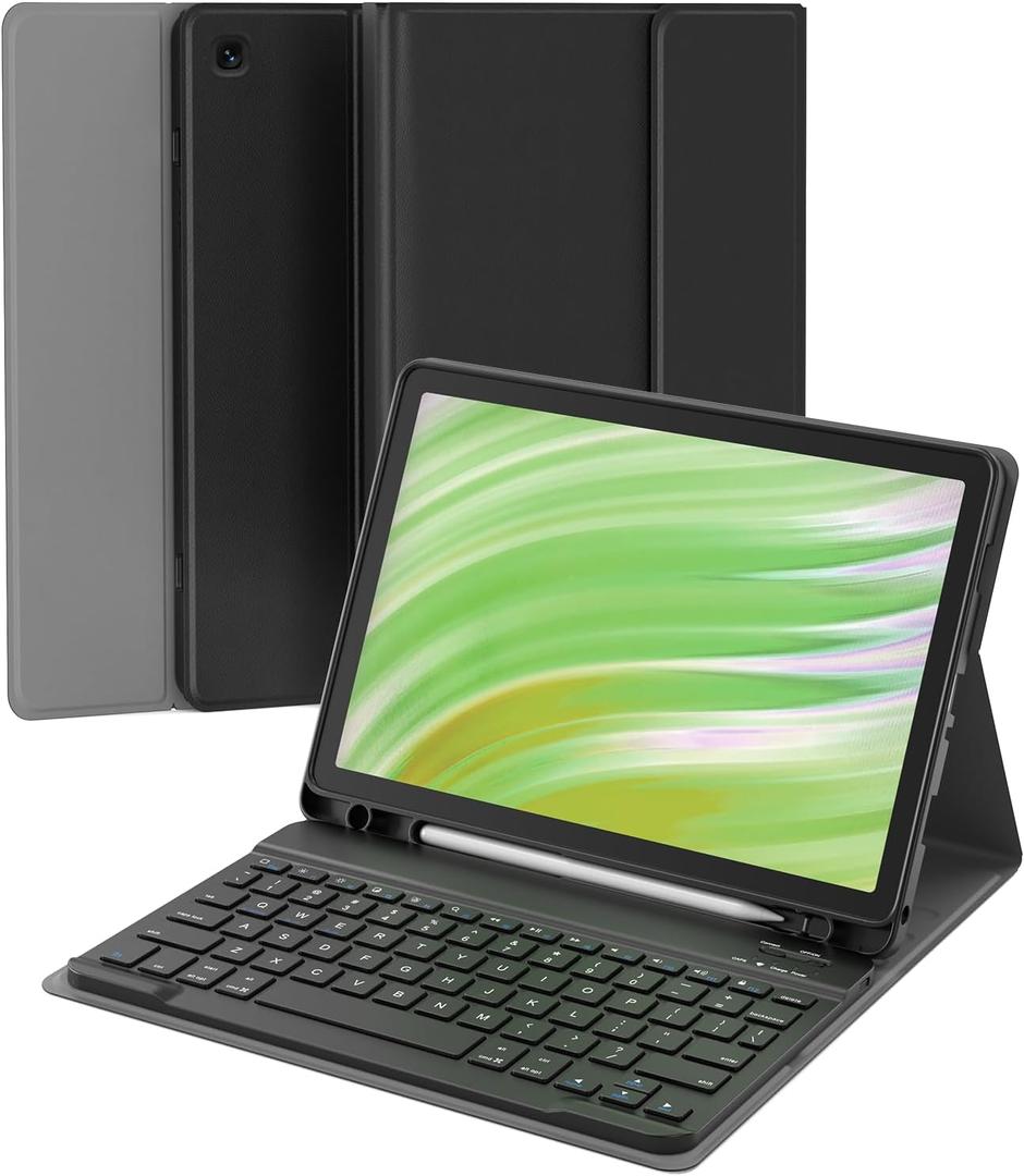 Amazon Fire HD 10 11th Gen 2021 Tablet Case with Keyboard, 10 Plus 13th Gen 2023 10.1 inch Multi-Angle Folio Cover with Stylus Pen Holder, Magnetic Detachable Wireless Keyboard, Black