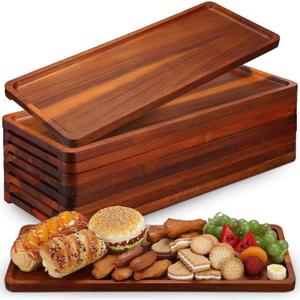 10 Pack Solid Wood Serving Trays 16.7 x 6.4 Inch Acacia Wooden Server Platter Rectangular Charcuterie Boards with Grooved Handle for Home Room Coffee Cheese Appetizer Table Farmhouse Serving Decor