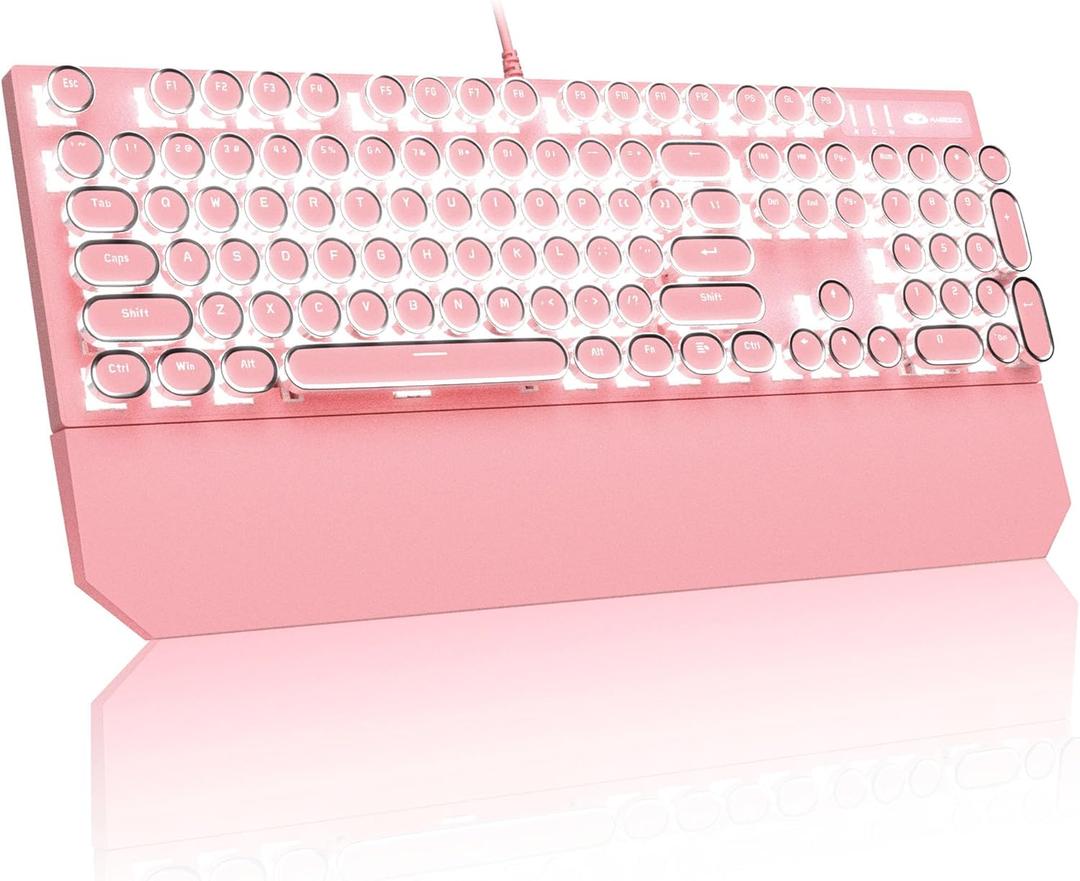 MageGee Typewriter Mechanical Gaming Keyboard, Retro Punk Pink Round Keycaps, 104 Keys LED White Backlit Wired Keyboards for Laptop MAC PC Gamer, with Magnetic Wrist Rest, Blue Switch