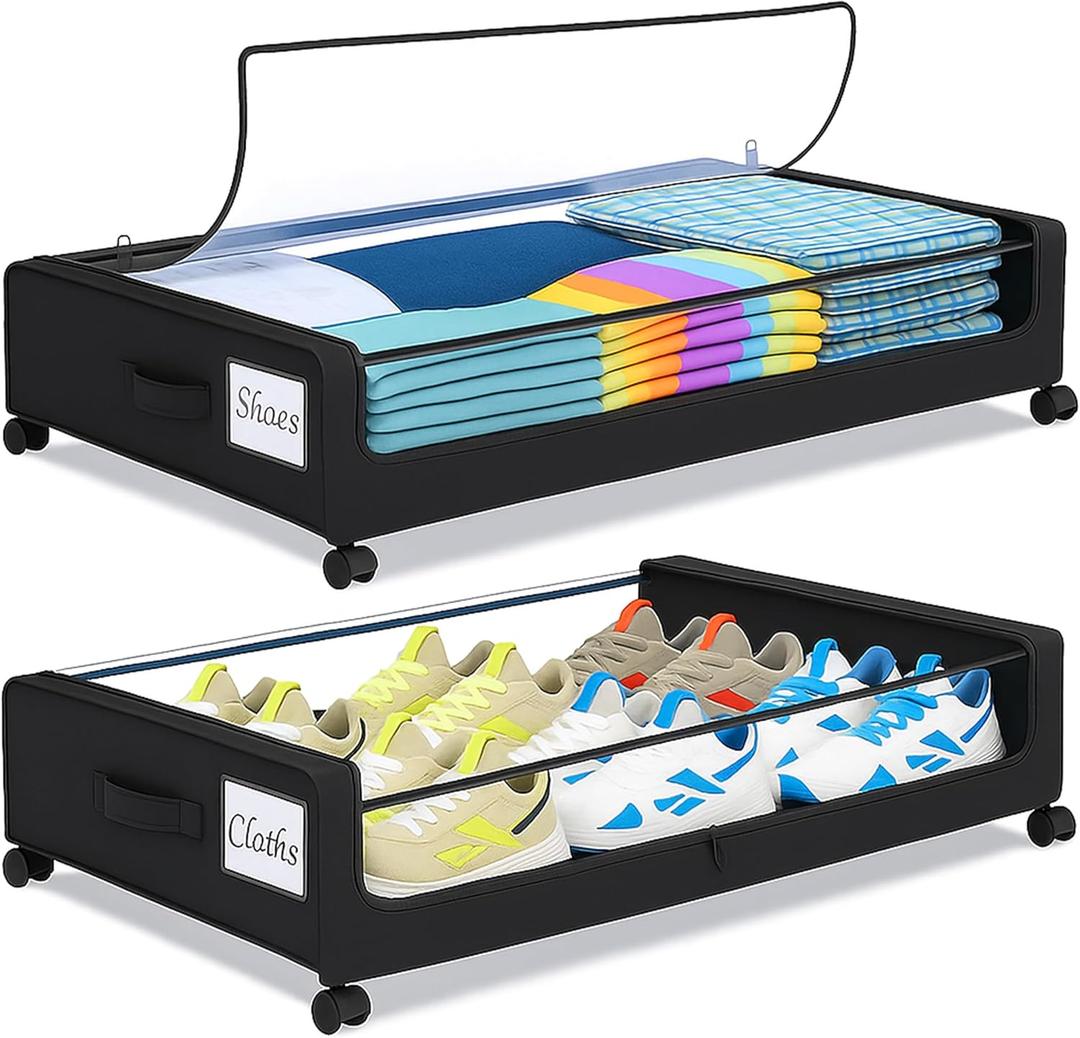 Under Bed Storage with Wheels Set of 2 - Rolling Under Bed Drawers, Storage Containers, Shoe Organizers, and Wheeled Bins for Under the Bed, Perfect for Organizing and Saving Space (Black)