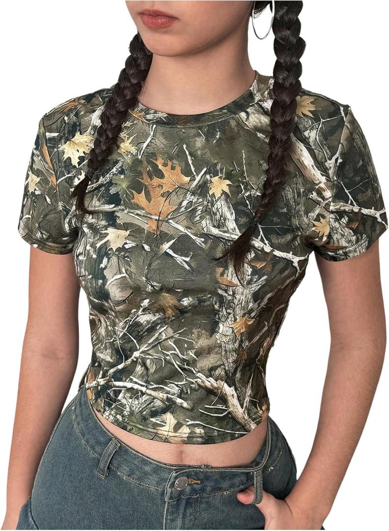 Girl's Short Sleeve Camo T Shirt Crewneck Slim Fit Crop Tops Casual Graphic Tee (Army Green, 13Y)