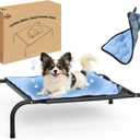 SZEE Raised Dog Bed with Detachable 2-Sided Cooling/Warming Waterproof Mat, Elevated Dog Cot Bed for Small Sized Breeds with Durable Steel Frame & Sturdy Teslin Mesh, Outdoor & Indoor All-Season Use