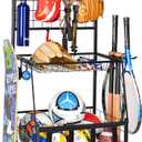 PLKOW Sports Equipment Storage for Garage, Indoor/Outdoor Sports Rack for Garage, Ball Storage Garage Organizer with Basket and Hooks,Toy/Sports Gear Storage