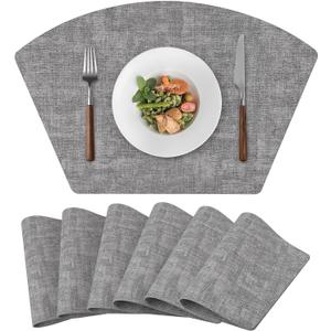 Round Table Placemats Set of 6, Faux Leather Wedge Shape Place Mats Heat Resistant Wipeable Washable Table Mats for Dining Outdoor Indoor, Gray