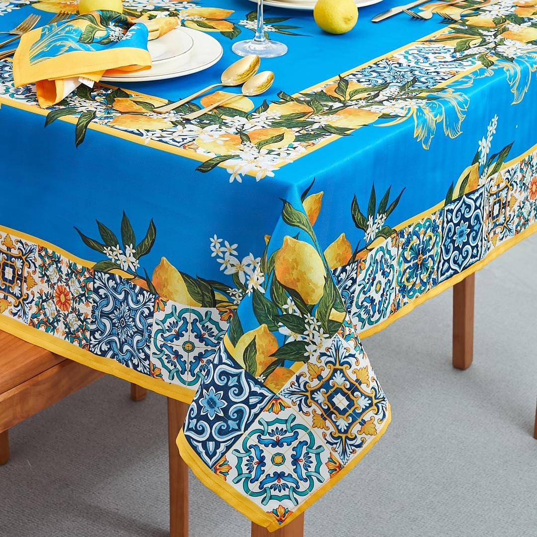 YiHomer Provence Blue Lemon Mediterranean Tile Tabletop for Spring Summer Decorations, Picnics and Dinner Parties - Indoor Outdoor, Stain and Water Resistant, Tablecloth, 52 x 52 Square