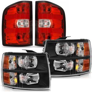 Headlights Tail Lights Combo Compatible with Chevy Silverado 1500 2007 2008 2009 2010 2011 2012 2013 Chevrolet 2500 3500 HD 2500HD 3500HD Replacement Headlight Rear Brake Lamp Assembly, Black (Black Housing Amber)