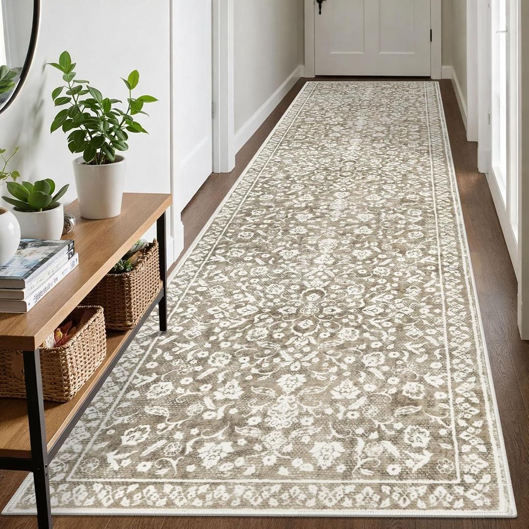 Vintage Runner Rugs for Hallway 3x10, Beige Taupe Washable Long Hallway Runner Rug Non Slip, Super Soft Kitchen Runner Rug, Print Faux Wool Floral Thin Carpet Runner for Entryway Bedroom