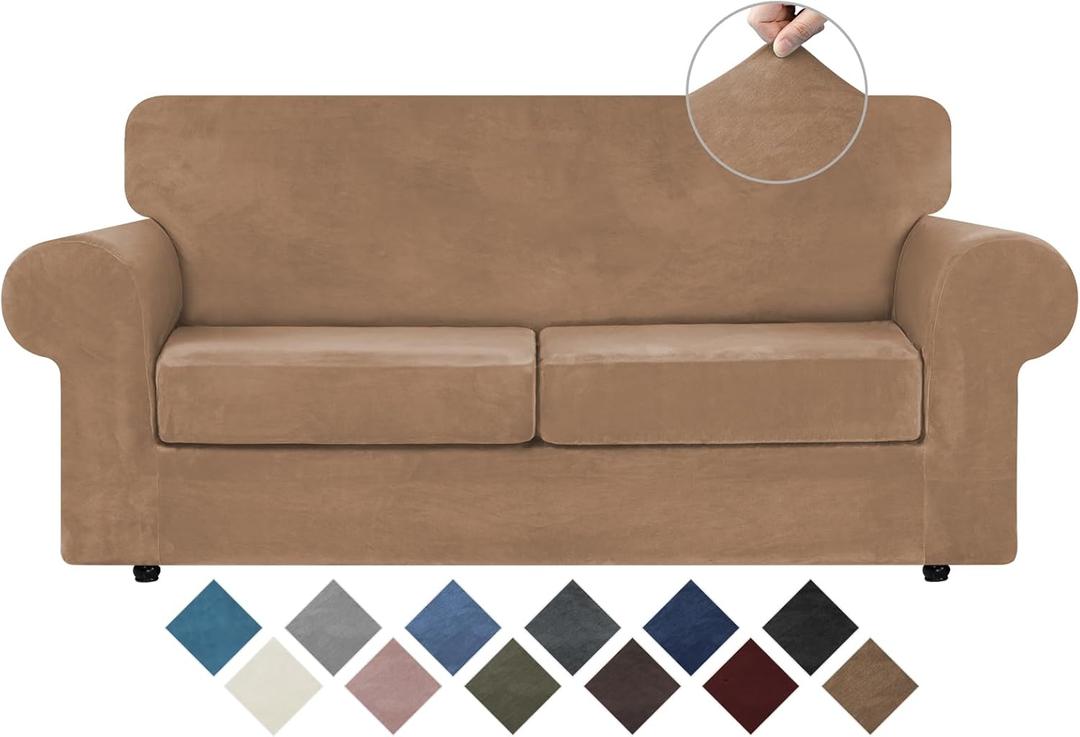 WEERRW Velvet Couch Covers for 2 Cushion Couch Sofa - High Stretch Luxury Velvet Plush 3 Pieces Sofa Slipcovers with Elastic Bottom, Furniture Protector for Pets, Machine Washable, Camel, Medium