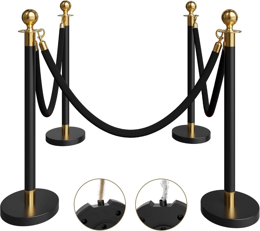 4 Pack Black&Gold Stanchions and Velvet Ropes Set, Stainless Steel Crowd Control Barriers, 3Pcs Black Ropes and Poles for Party Supplies,Photobooth Accessories, Prom,Birthday,Business,Wedding, Museums