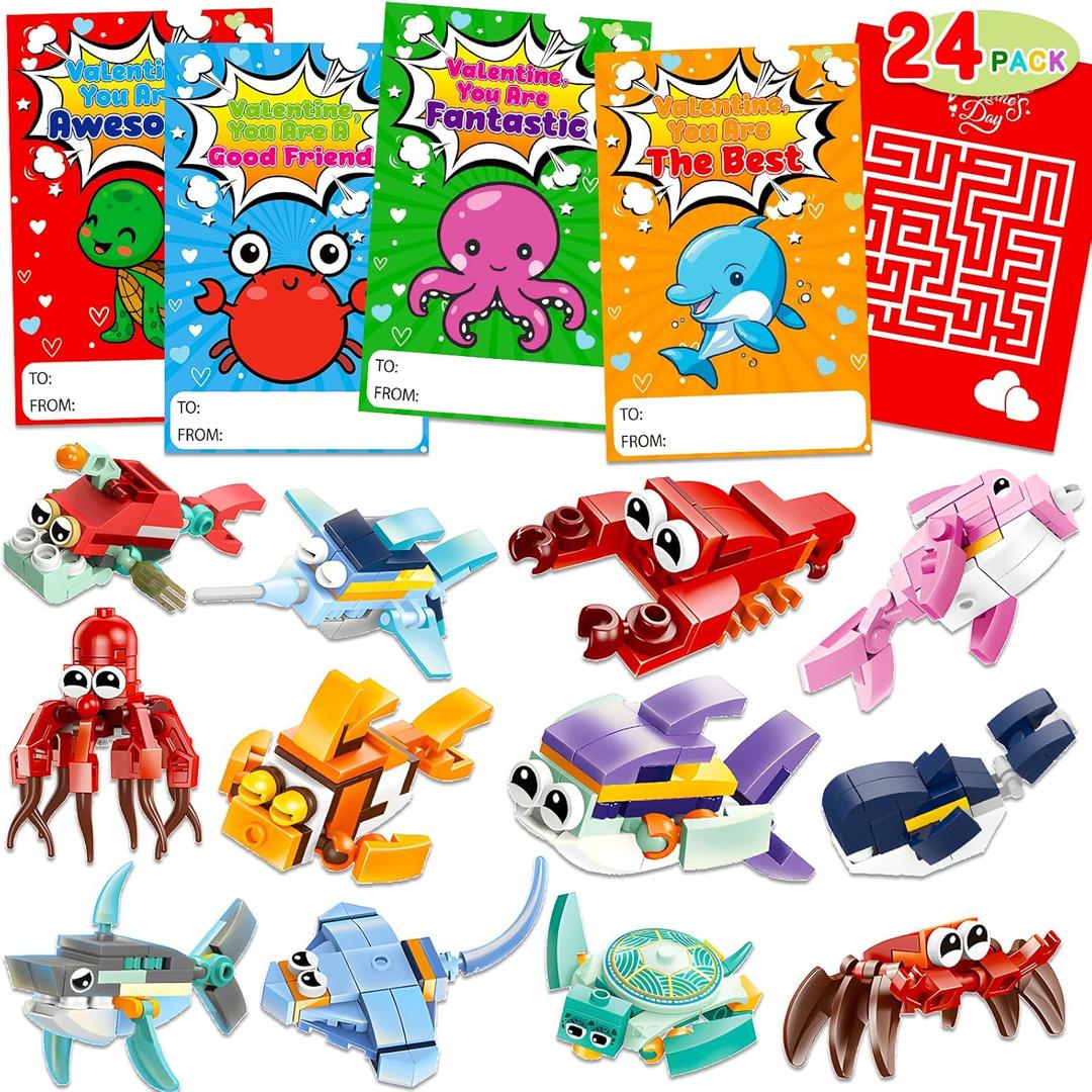 24 PCS Ocean Animal Building Blocks Valentines Day Cards for Kids Classroom School Valentine's Exchange Gifts Boys Girls Party Favors Goody Bags Class Valentine Exchange Prizes Treat Fidget Toys Bulk
