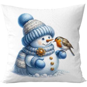 Gqtt Blue Christmas Pillow Covers 18x18 - Blue and White Winter Snowman, Bird Throw Pillow Covers, Snowman Christmas Decorations