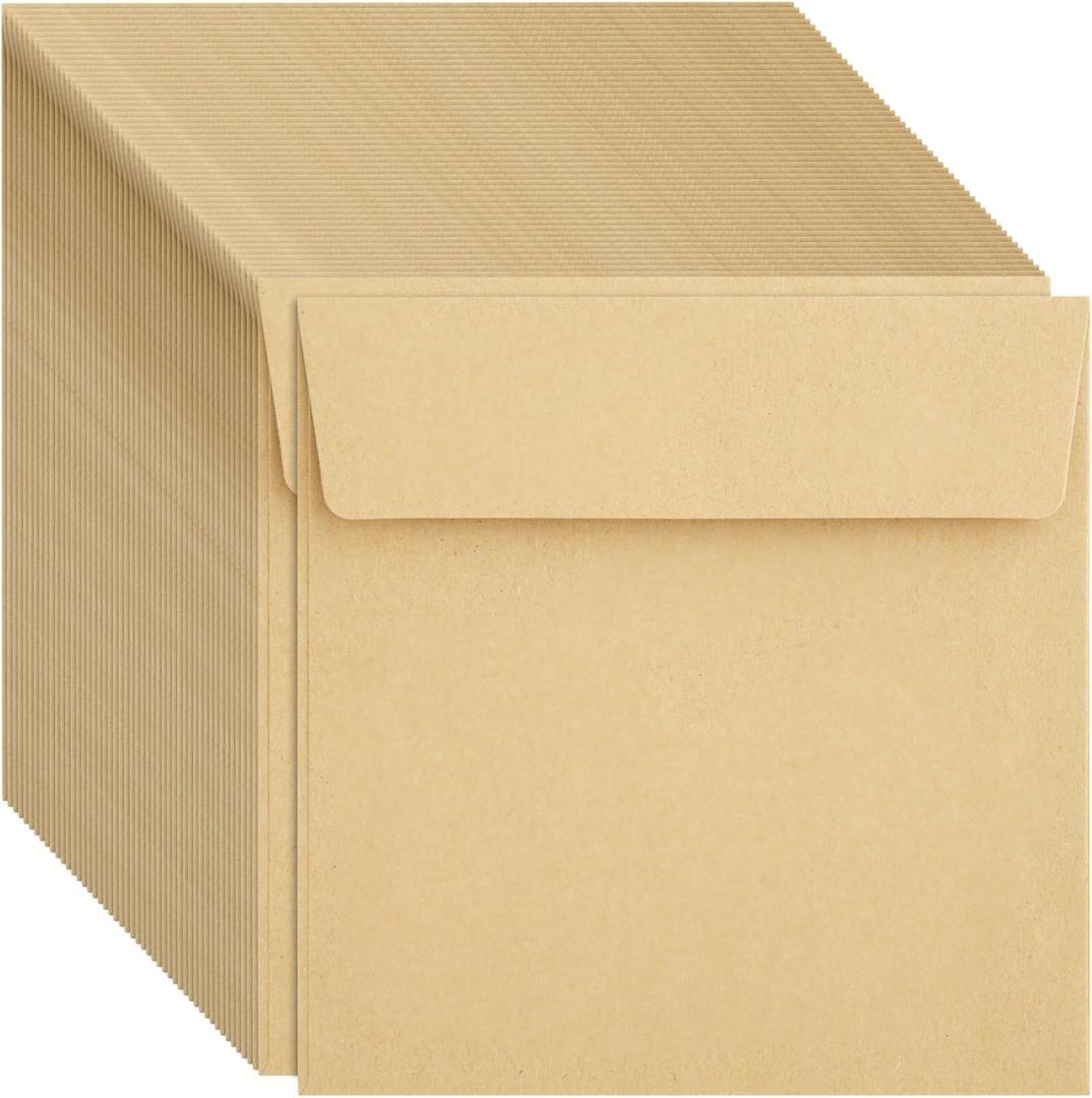 Juvale 5.5" x 5.5" Square Envelopes for Cards - Brown, 100-Pack - Moisten-to-Seal & Printer-Friendly Paper - Bulk Square Greeting Card Envelopes for Invitations & Announcements