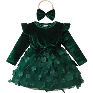 Kucnuzki Baby Girl Clothes Fall Holiday Party Velvet Tulle Dress Winter Cute Long Sleeve Toddler Girls Birthday Dresses (Green, M)