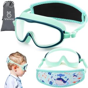 Vvinca Kids Swim Goggles with Fabric Strap No Tangle Pain-Free, Anti-Fog Swimming Pool Goggle No Leak for Toddlers Girls Boys (14-whale Blue)