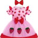 ODASDO Baby Girls Strawberry Bee Cow Birthday Cake Smash Outfit Short Sleeve Dress with Bowknot Headband Set