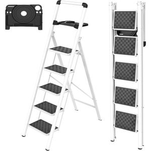 HBTower Step Ladder, Step Ladder Folding Step Stool, Portable Sturdy Steel Ladder Stool for Adults with Wide Pedals Home Outdoor Kitchen, White