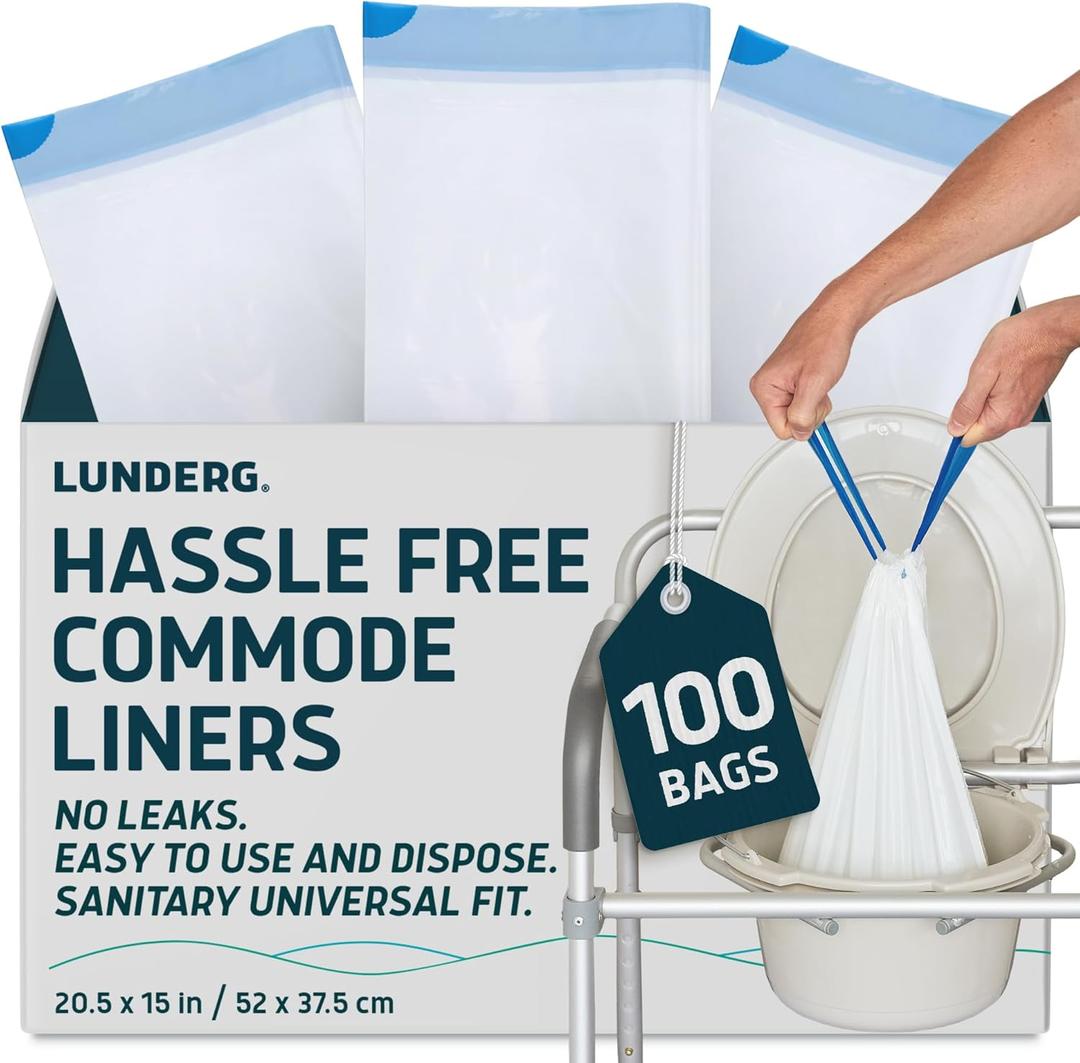 Lunderg Commode Liners - Value Pack 100 Count Universal Fit - Medical Grade Bedside Liners Disposable for Adult Commode Chair, Portable or Camping Toilet Bags