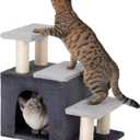 Aechonow 3-in-1 Pet Stairs for Cats, Dog Steps for Small Doggie Rabbits, 6.29''Depth Cat Stairs, Indoor Cat Ladders for High Bed for Pet's Joints, 1 Cat Condo Cave, Sisal Scratcher, Grey, Medium