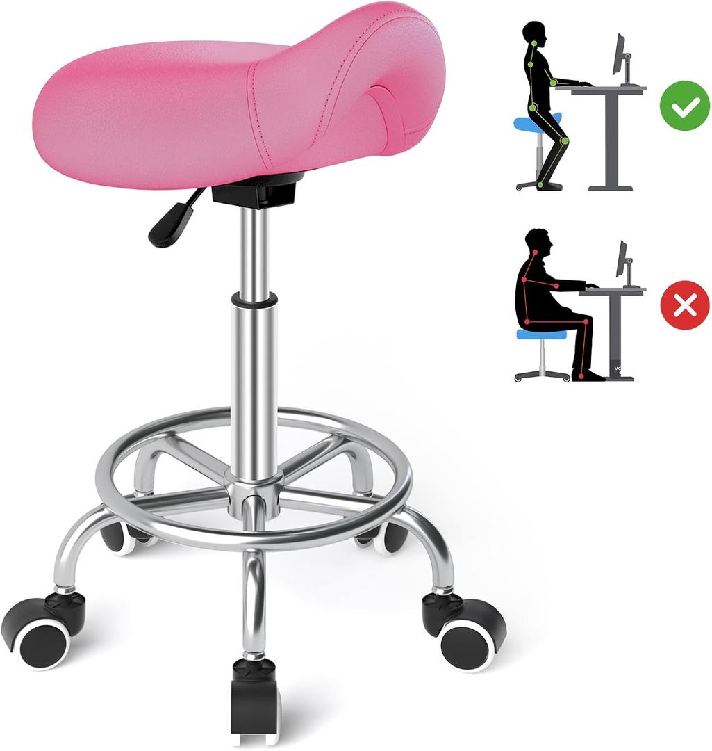 YEEZEE Saddle Stool Ergonomic- Comfortable Rolling Saddle Stool with Wide Thick Saddle Seat Padding, Swivel Adjustable Saddle Chair with Wheels and Ring Pedal for Medical Massage Salon (Pink)