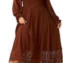 2 x SHESTARR Women's Plus Size Maxi Dress Long Sleeve Square Neck Smocked Flowy A-Line Lace Trim Wedding Guest Dresses (XXL)