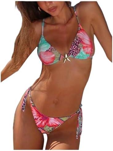 RoseSeek Women's 2 Piece Leopard Floral Bikini Sets Halter Triangle String Bathing Suit Starfish Metal Swimsuits, XS