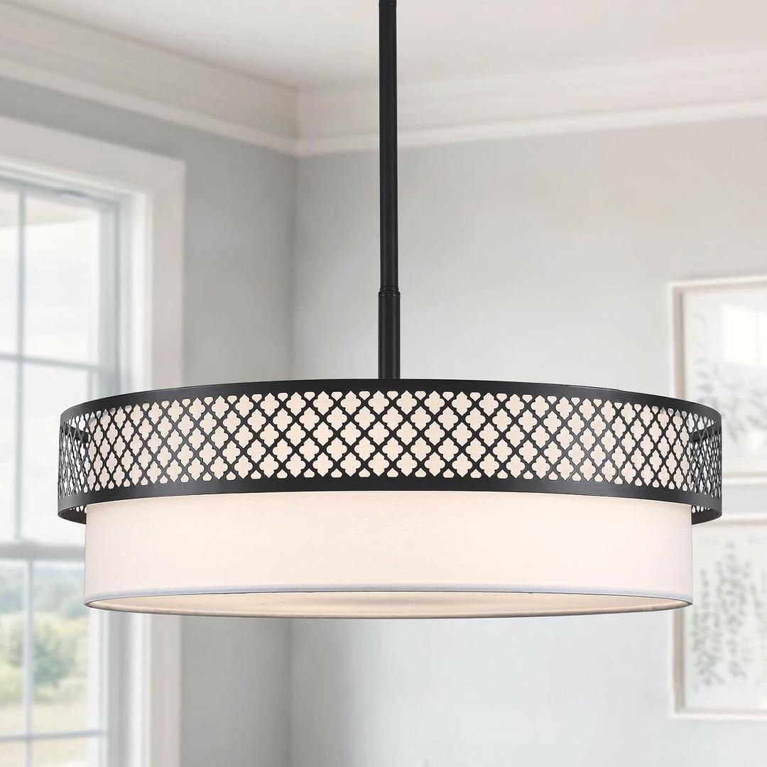 21.5" Drum Black Chandelier for Dining Room 5-Light Modern Farmhouse Chandeliers White Fabric Drum Pendant Light Fixture Large Hanging Lighting for Living Room Bedroom Kitchen Foyer Over Table, E26
