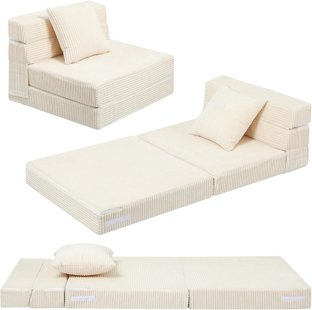 MeMoreCool Folding Sofa for Kids, Corduroy Fold Out Futon Chair, Small Foldable Floor Mattress, Portable Children Couch Sofa, Beige, 63"L x 26"W x 4"Th