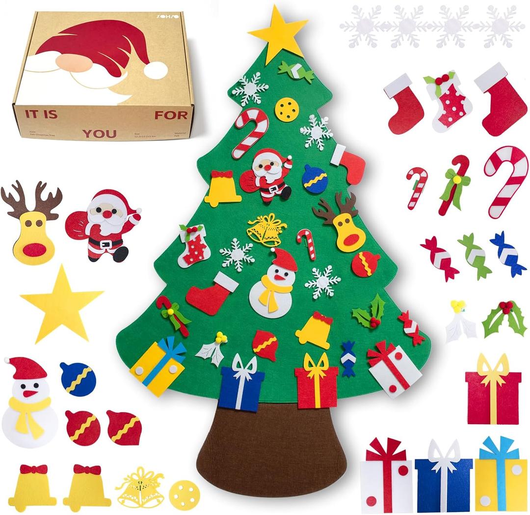 SOHAO 3.9Ft DIY Felt Christmas Tree for Toddlers with 30 Detachable Ornaments, Christmas Classroom Door & Wall Decoration, Xmas New Year Gift for Kids & Toddlers.