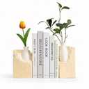 Ceramic Vase Bookends for Shelves, Modern Decorative Bookends with Flower Vase, Aesthetic Bookshelf Decor Book Ends with 2 Artificial Tulip Flowers