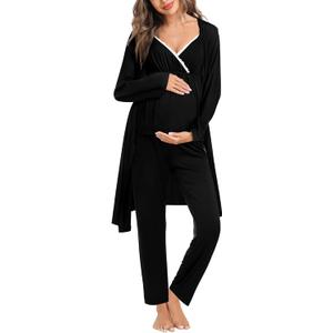 SWOMOG Maternity Nursing Robe Set 3 Piece Breastfeeding Pajamas 3 in 1 Labor Delivery Sleevless Tops&Long Pants Pregnancy Pjs (XX-Large, Black)