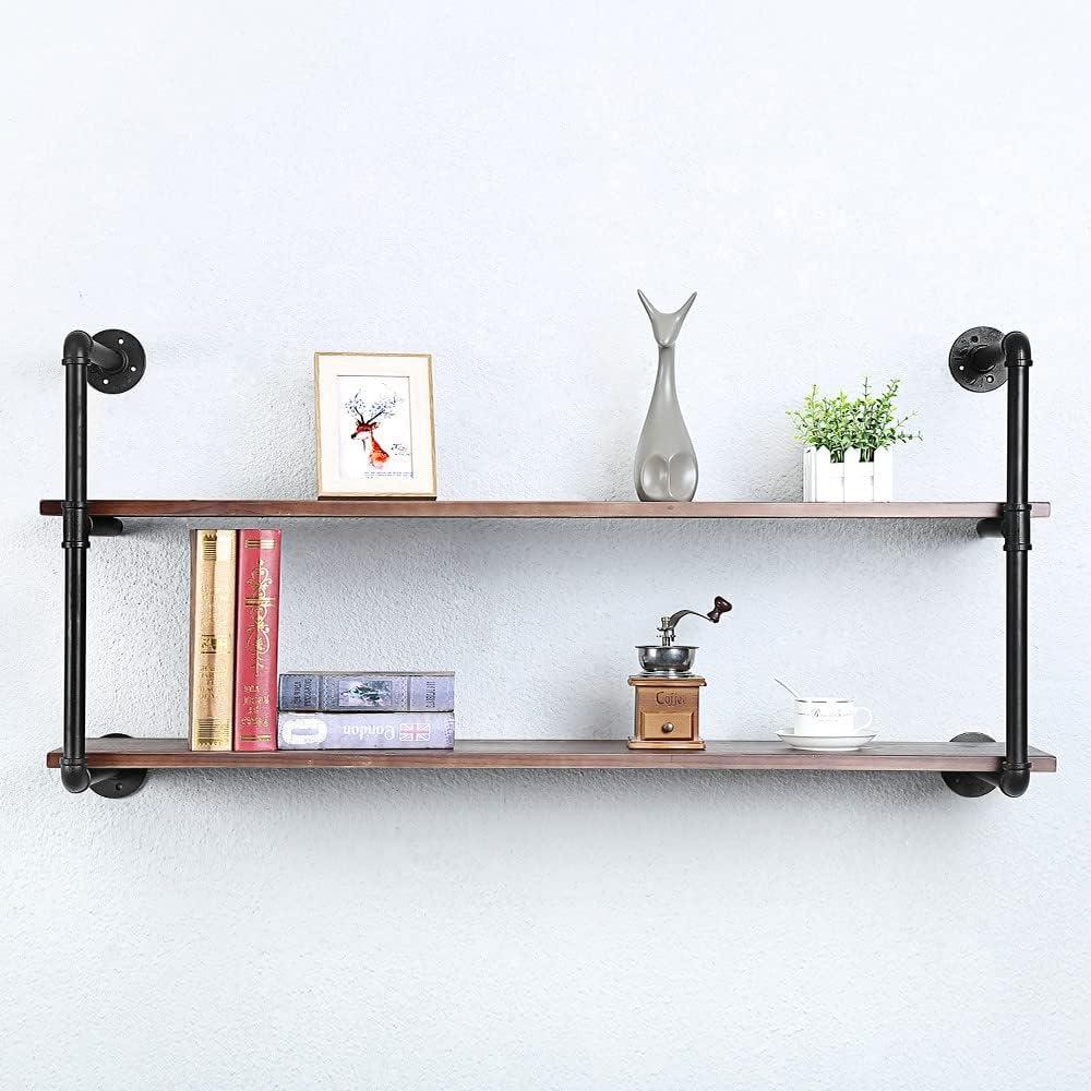 Industrial Pipe Shelving Wall Mounted,48in Rustic Metal Floating Shelves,Steampunk Real Wood Book Shelves,Wall Shelf Unit Bookshelf Hanging Wall Shelves,Farmhouse Kitchen Bar Shelving(2 Tier)