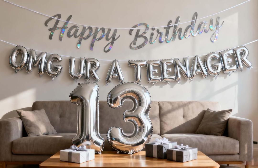 13th Teenager Birthday Party Decorations for Boys Girls, Silver OMG Ur A Teenager Balloon Birthday Banner Jumbo Number 13 Foil Balloons Supplies for 13 Years Old Sons Daughter( 13th Silver)