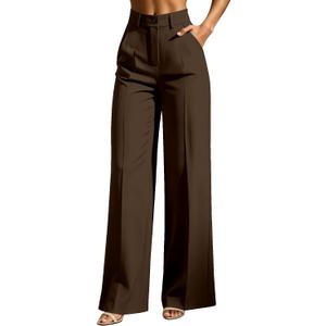 Ulovmi Women's High Waist Wide Leg Pants Tailored Flowy Trousers Casual Work Pants (Brown, XL)