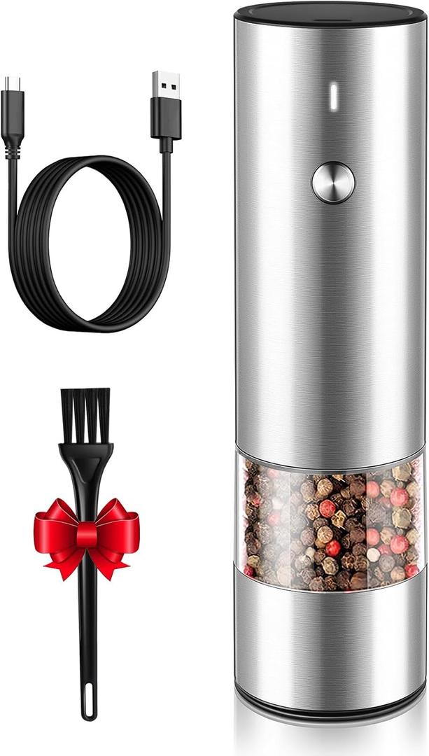 Electric Pepper Grinder or Salt Grinder Mill - USB Rechargeable - Durable Modern Style - Automatic Black Peppercorn or Sea Salt Spice Mill with Adjustable Coarseness - One Grinder Included (Stainless Steel - Single)