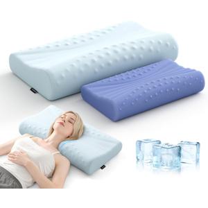 Memory Foam Contour Pillow - Cooling Cervical Neck Pillow for Sleeping - Patented Ergonomic 2 Heights Design Contour Pillow for Side Back Stomach Sleepers (Light Blue) (Standard Size/ Blue)
